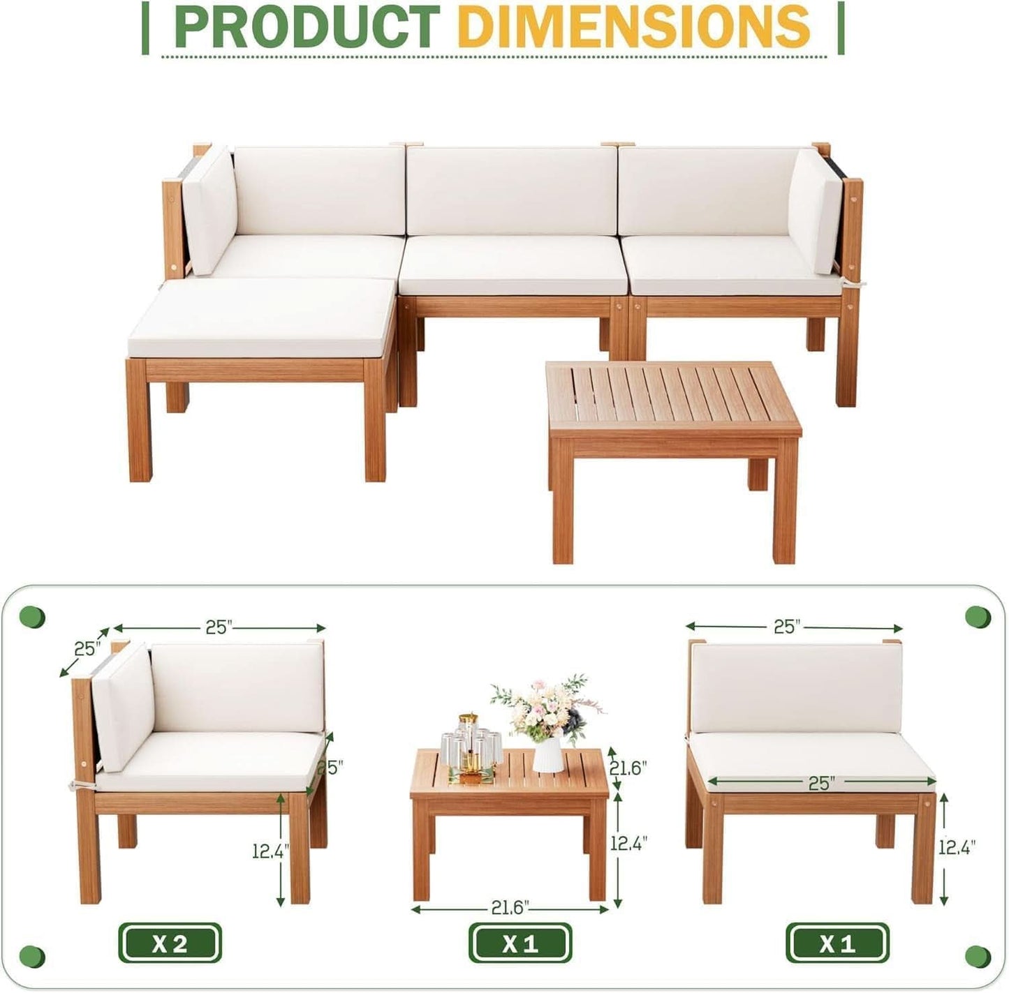 Acacia Wood Outdoor Sectional Sofa with Cushions