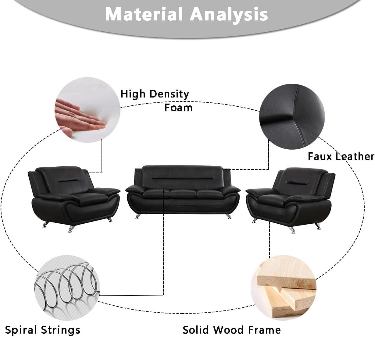 Black Leather Sofa and Loveseat Set for Living Room