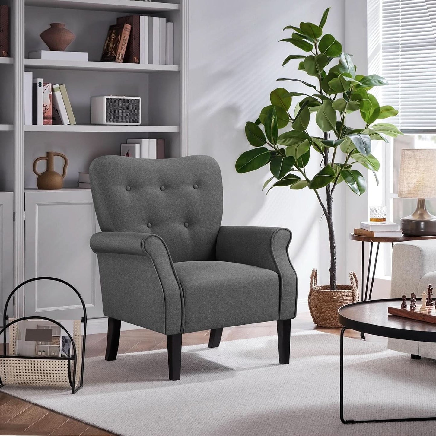 Mid-Century Dark Gray Upholstered Accent Chair with Tufted Back