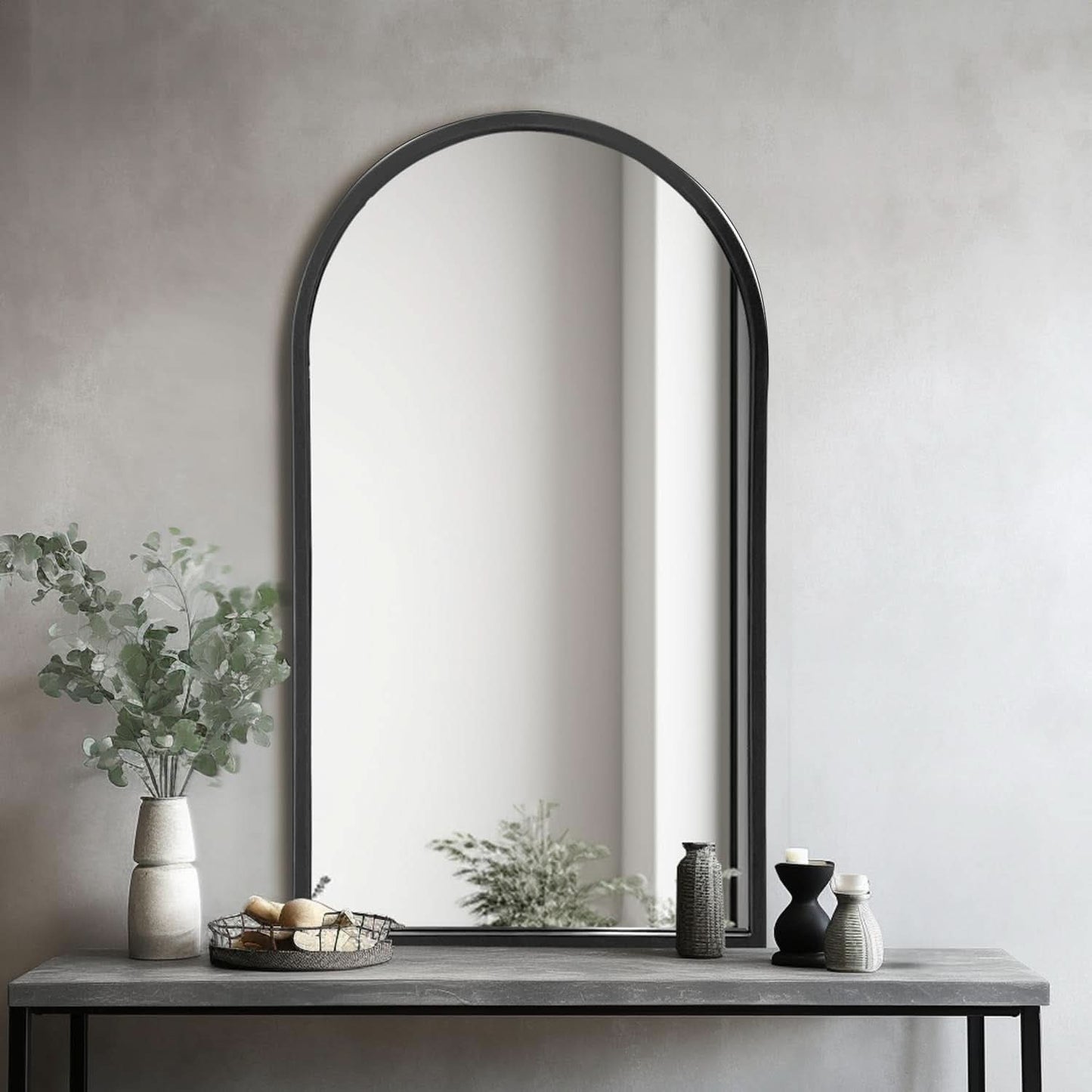 Black Arched Wall Mirror with Iron Frame