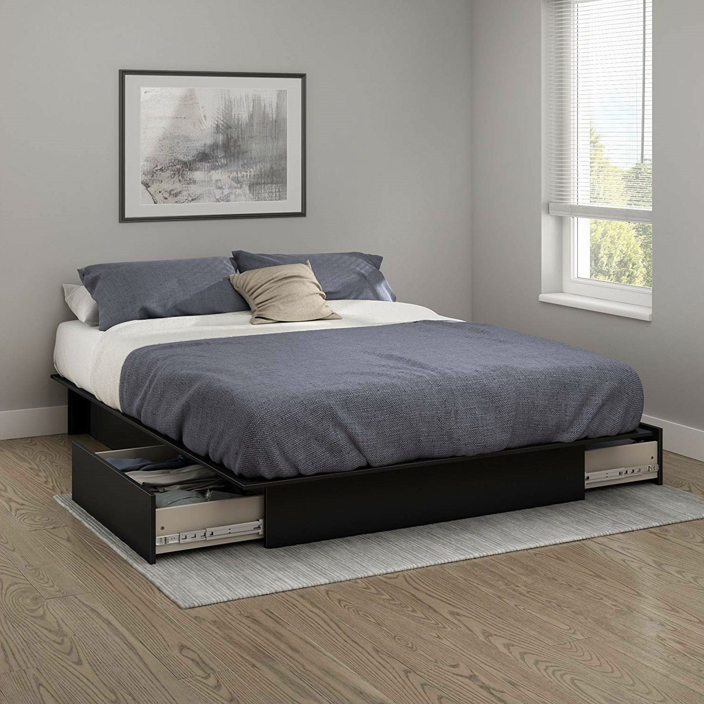 Queen Platform Bed with 2 Storage Drawers – Black Wood Finish