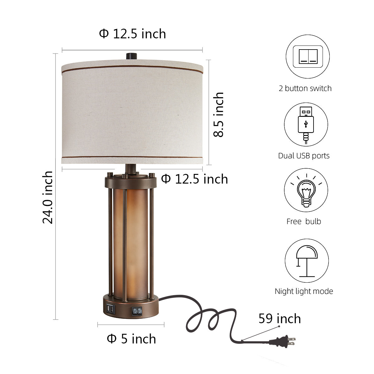 Set of 2 Table Lamps with Night Light & USB Ports