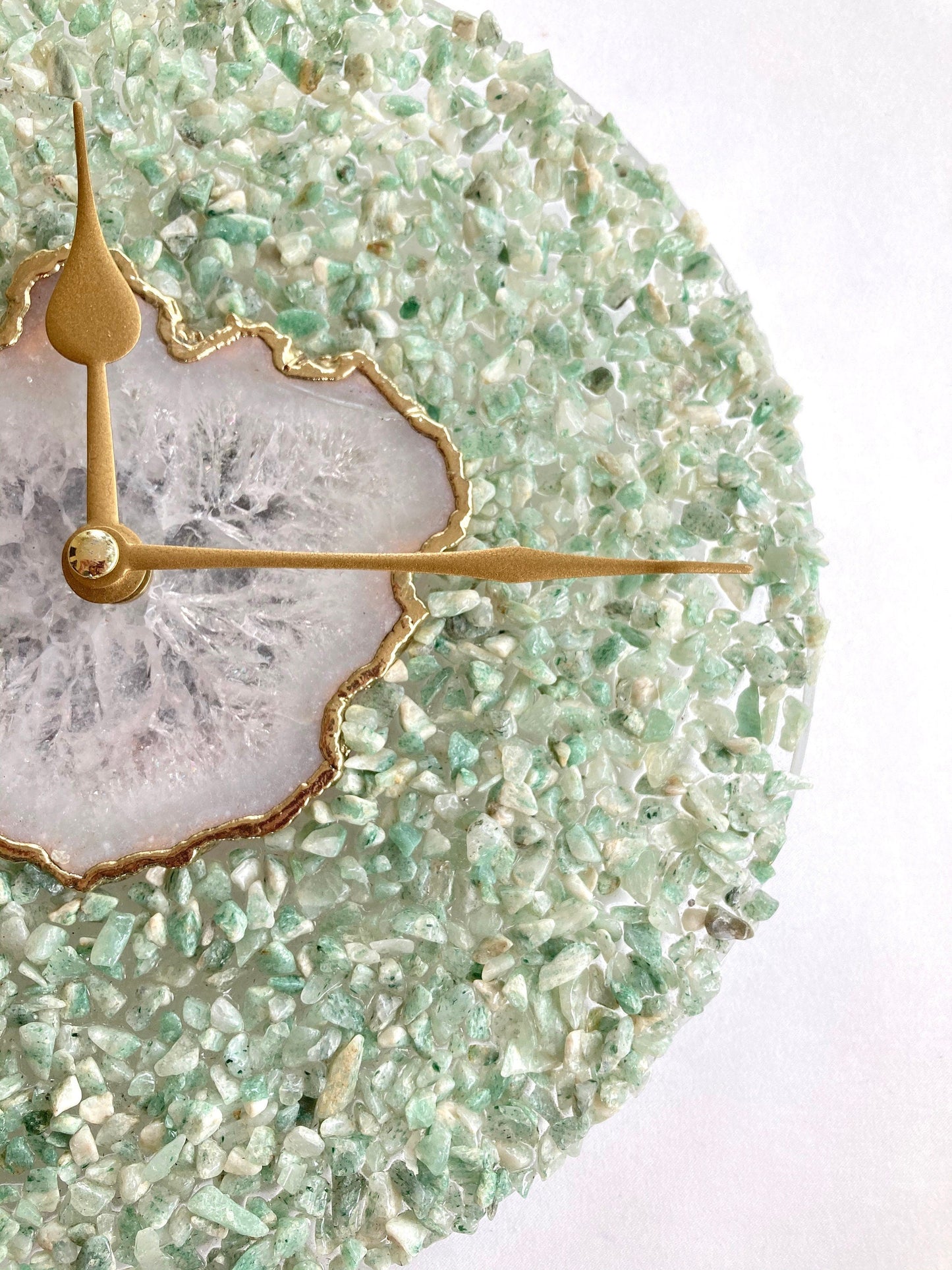 Large White Agate Wall Clock with Light Green Crystal