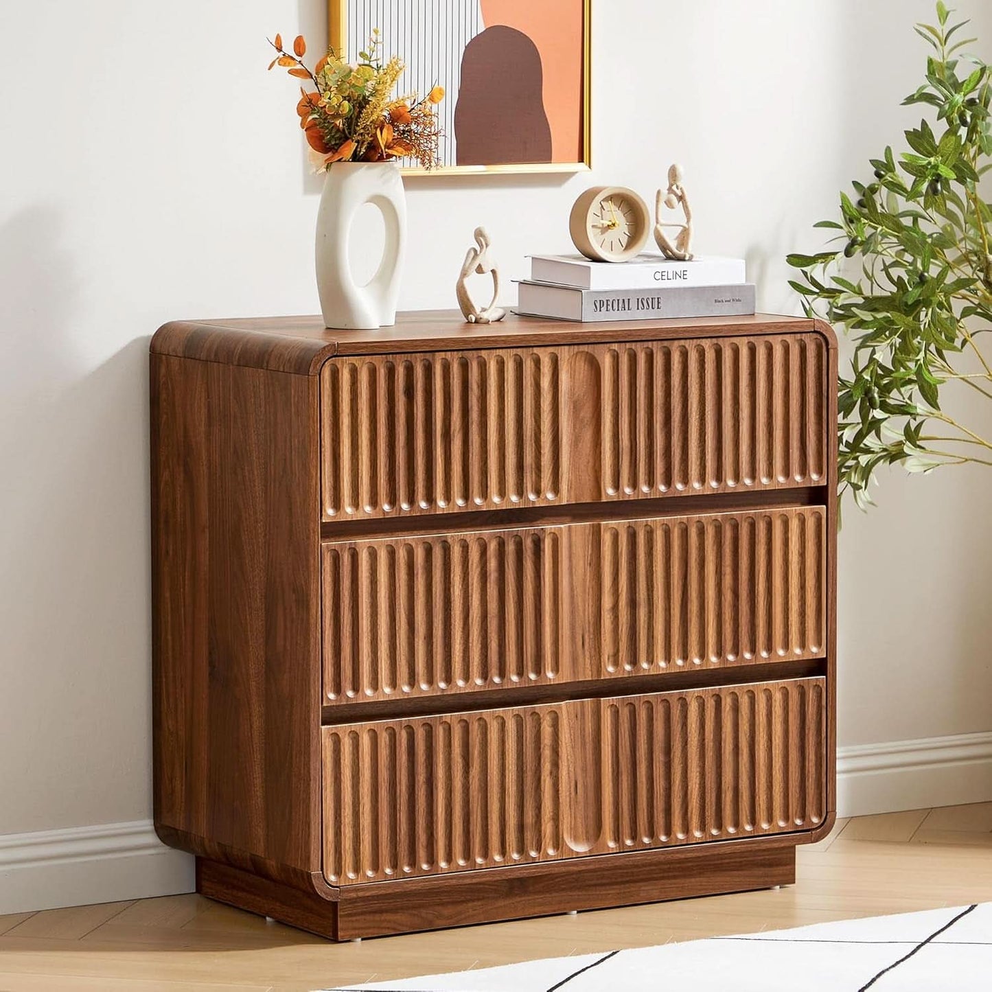 Walnut Fluted 3-Drawer Dresser