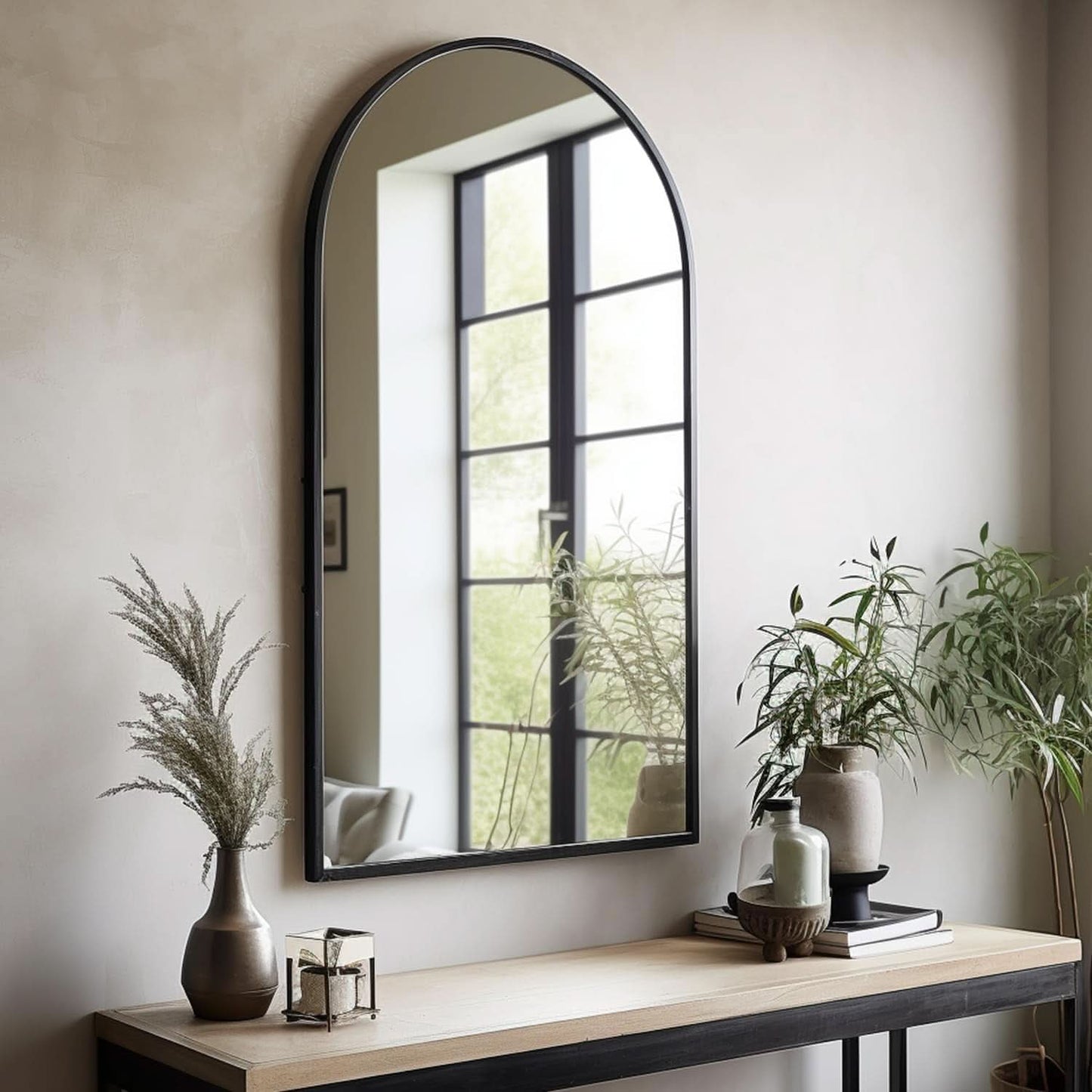 Black Arched Wall Mirror with Iron Frame