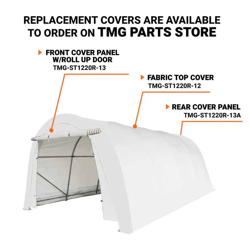 12' x 20' Car Shelter w/Rounded Roof & Heavy-Duty 11 OZ PE Fabric Cover, Galvanized Steel Frame, Fabric front roll-up door, TMG-ST1220R