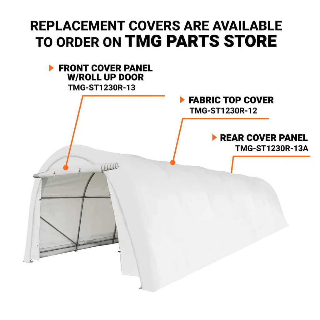 12' x 30' Car Shelter w/Rounded Roof & Heavy-Duty 11 OZ PE Fabric Cover, Galvanized Steel Frame, Fabric front roll-up door, TMG-ST1230R