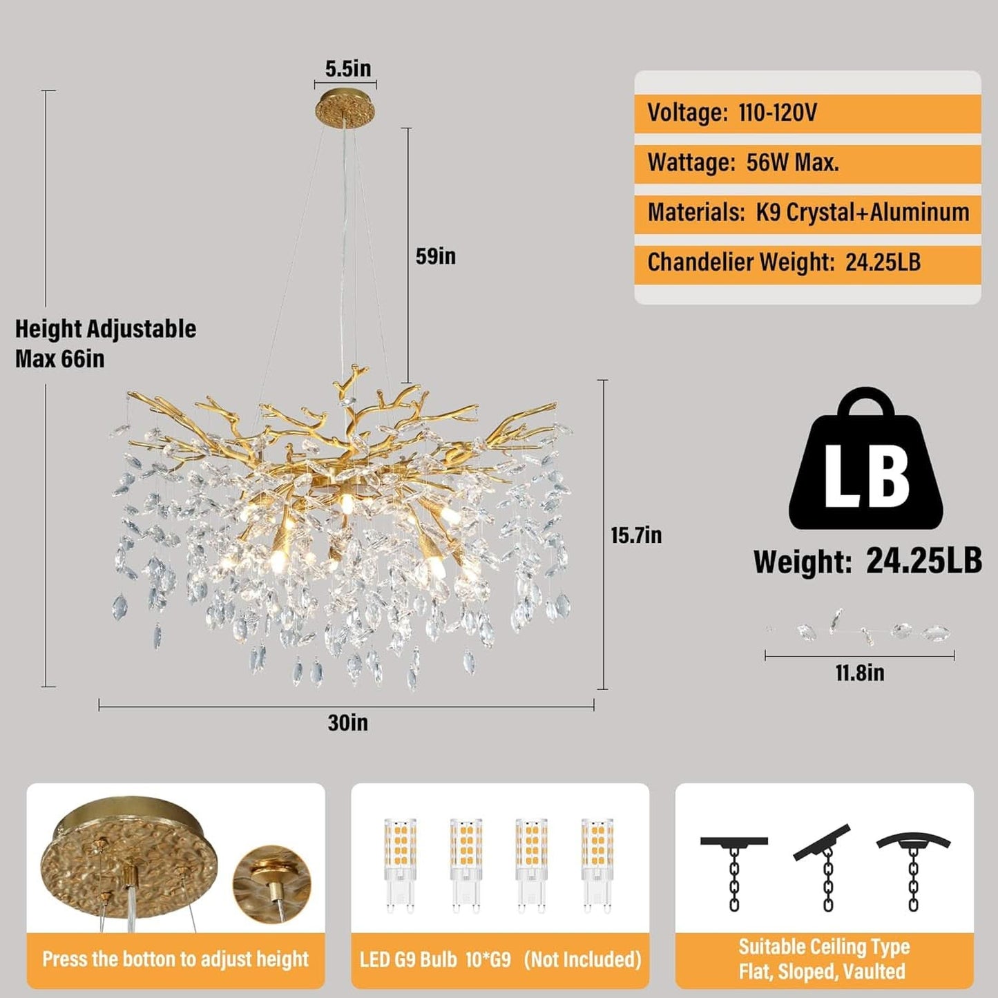 Gold Crystal Raindrop Chandelier – 10 Lights