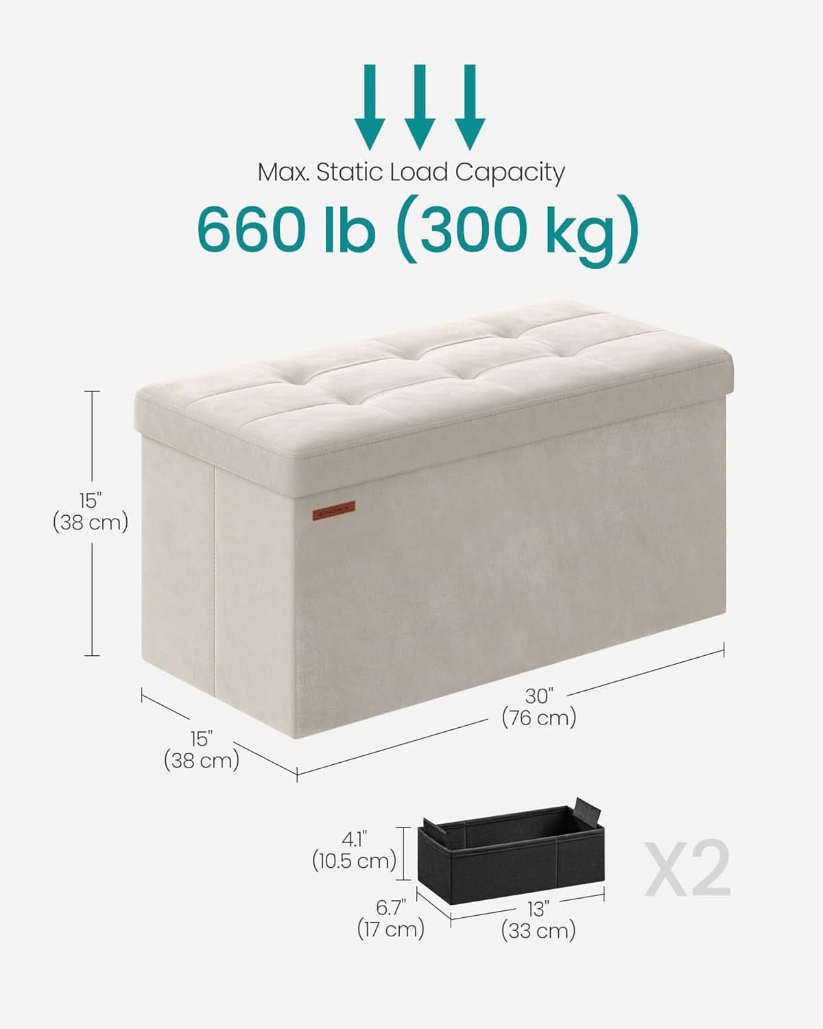 Foldable Storage Ottoman Bench in Cream