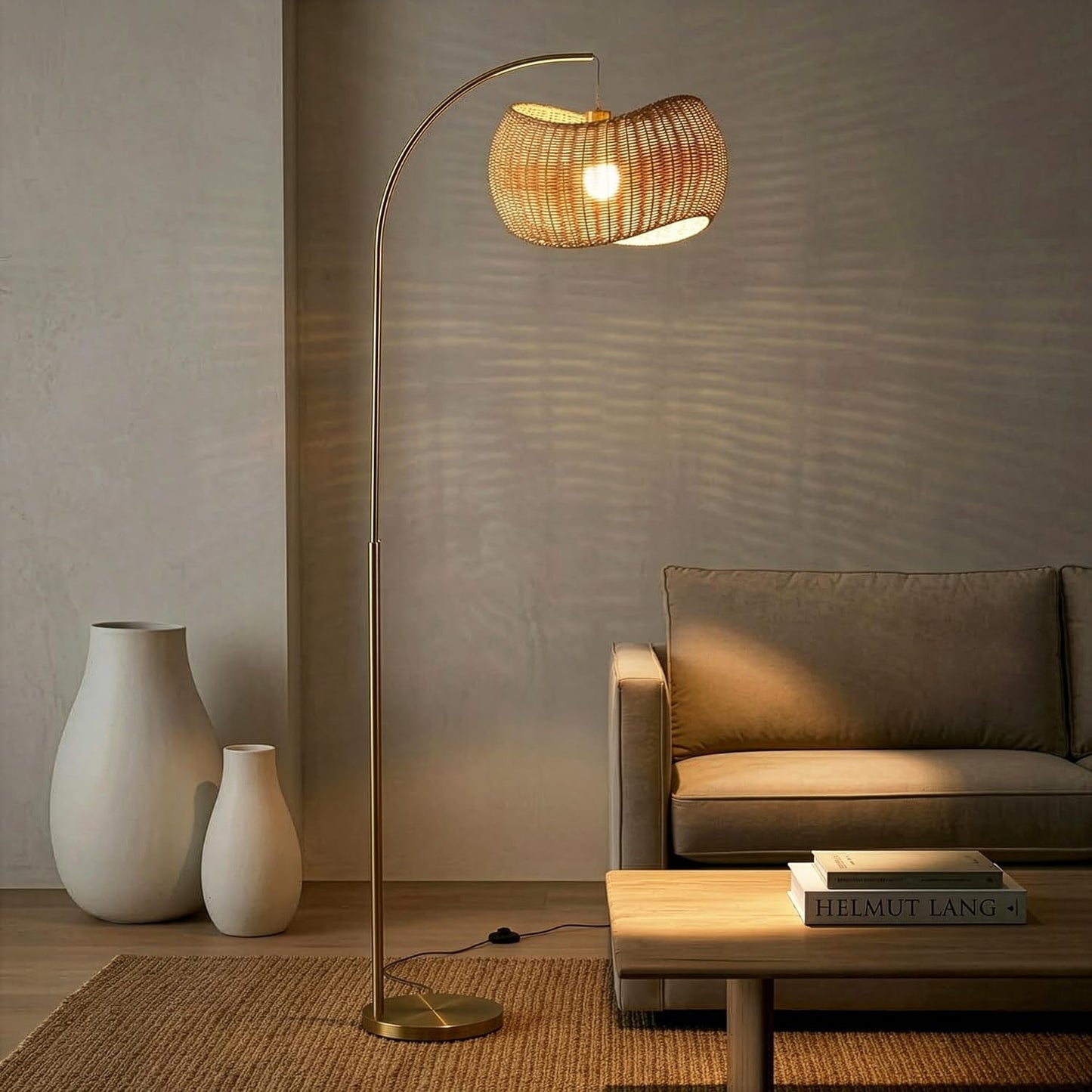 Aura Brass Arc Floor Lamp with Handwoven Wicker Shade