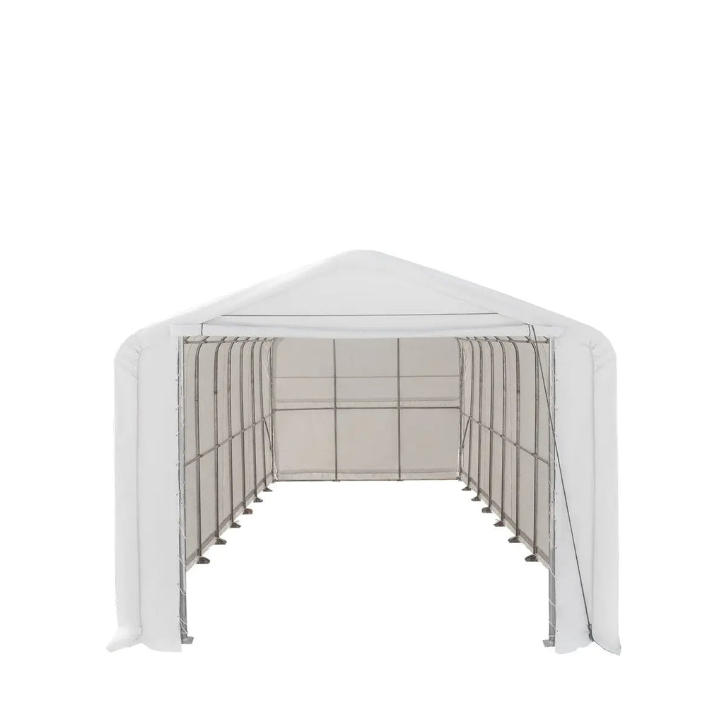 18' x 45' RV/Motorhome Storage Shelter, 17 oz PVC Fabric Cover, Front Roll-Up Door, Enclosed Rear Wall, 3-Layer Galvanized Steel Frame, 13' Straight Sidewalls, TMG-ST1845