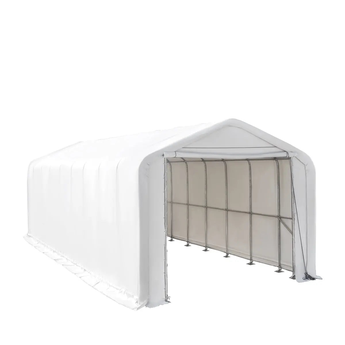 18' x 45' RV/Motorhome Storage Shelter, 17 oz PVC Fabric Cover, Front Roll-Up Door, Enclosed Rear Wall, 3-Layer Galvanized Steel Frame, 13' Straight Sidewalls, TMG-ST1845