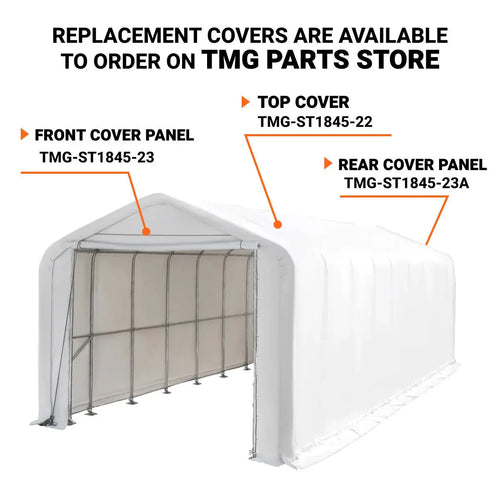 18' x 45' RV/Motorhome Storage Shelter, 17 oz PVC Fabric Cover, Front Roll-Up Door, Enclosed Rear Wall, 3-Layer Galvanized Steel Frame, 13' Straight Sidewalls, TMG-ST1845