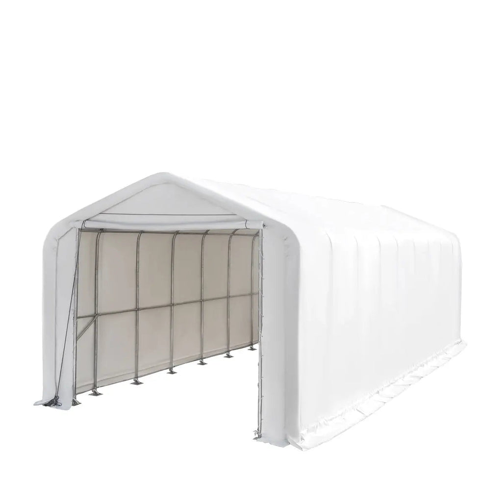 18' x 45' RV/Motorhome Storage Shelter, 17 oz PVC Fabric Cover, Front Roll-Up Door, Enclosed Rear Wall, 3-Layer Galvanized Steel Frame, 13' Straight Sidewalls, TMG-ST1845