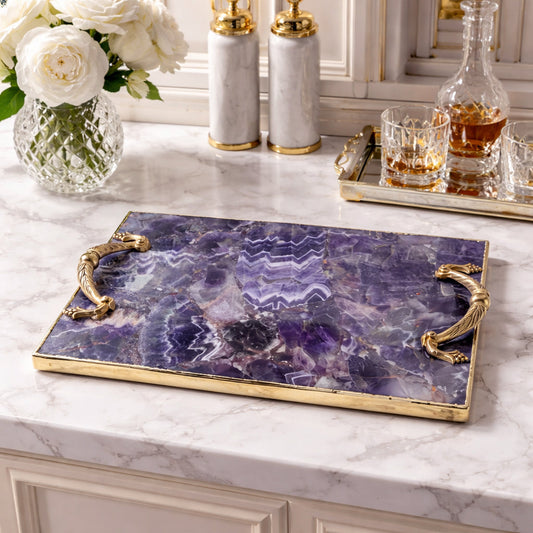 Natural Amethyst Agate Serving Tray with Brass Handles