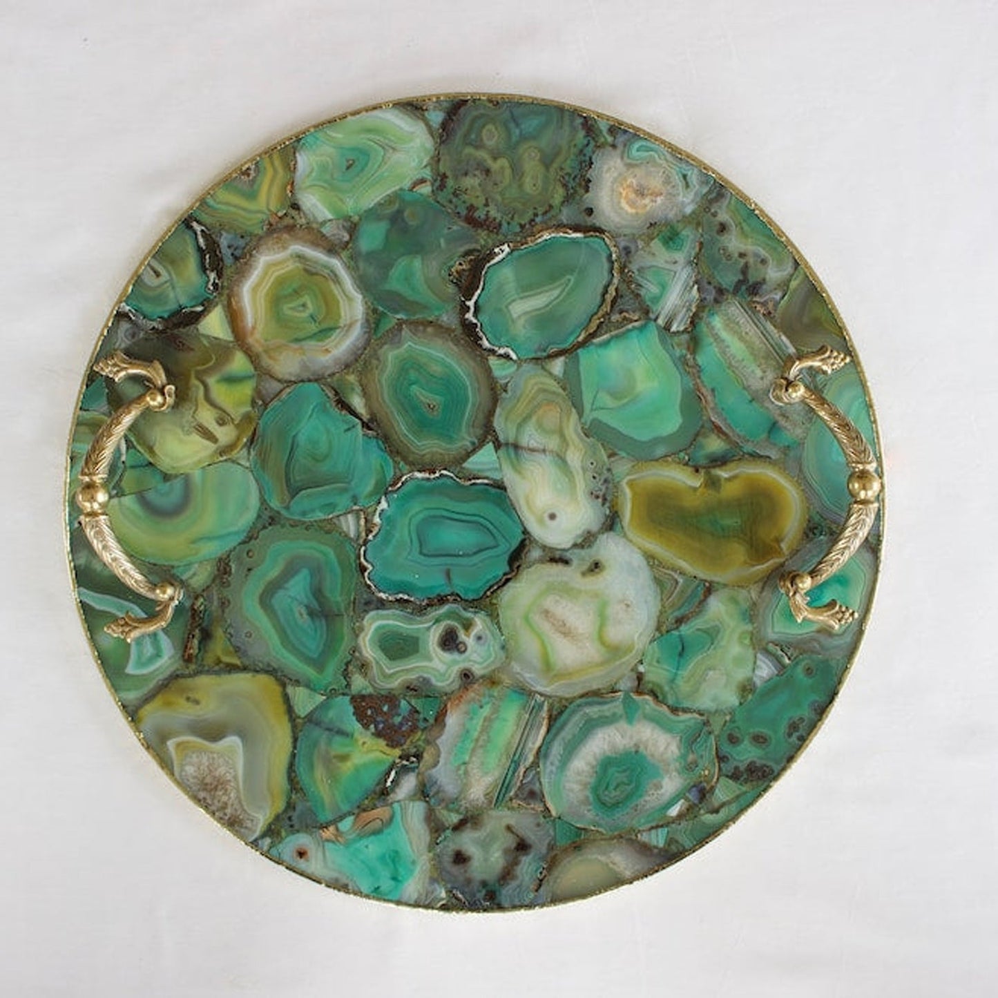 Natural Green Agate Round Serving Tray with Brass Handles