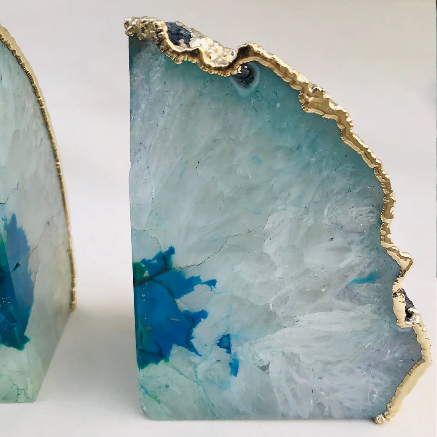 Natural Aqua Agate Bookends with Metallic Edge