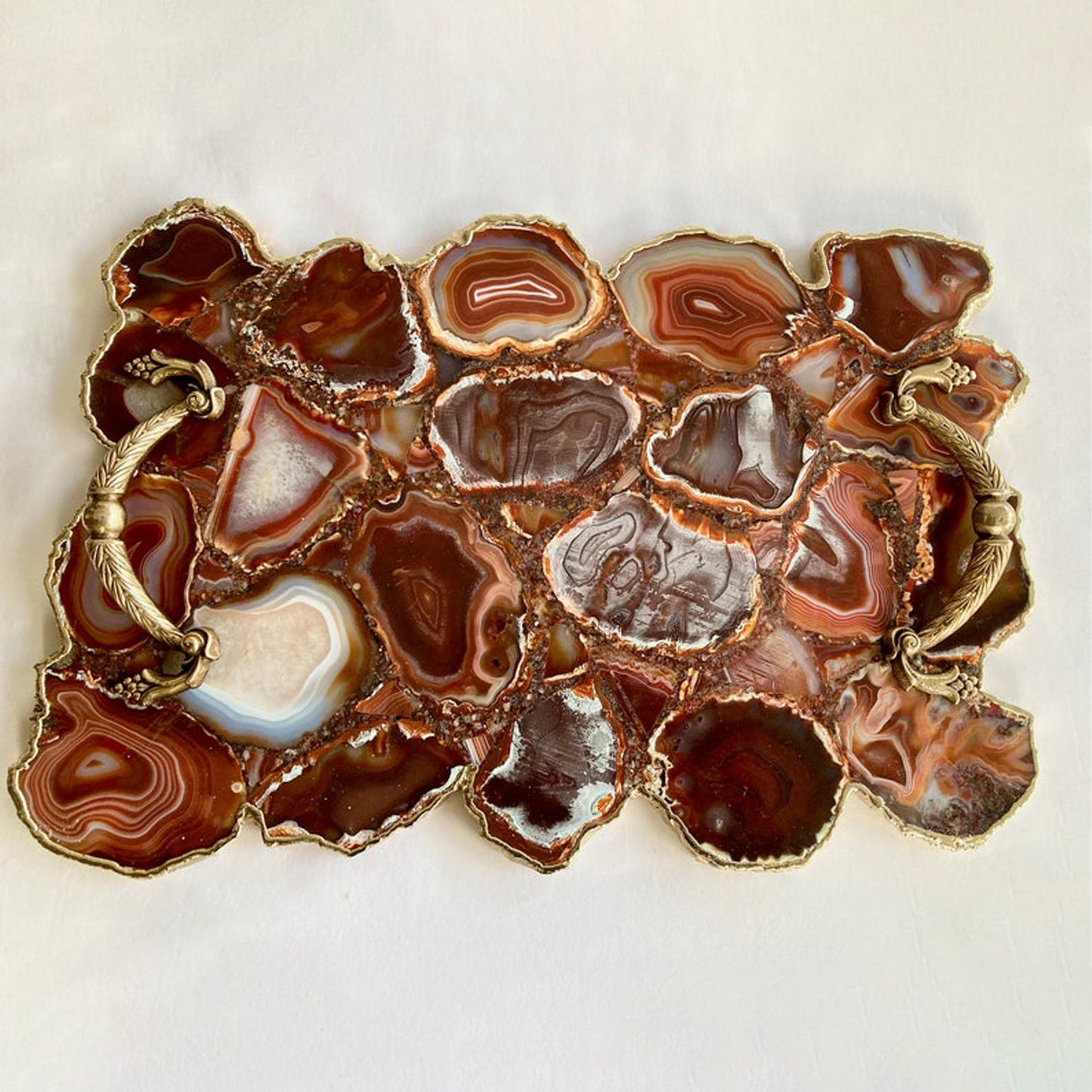 Large Natural Red Agate Serving Tray with Brass Handles