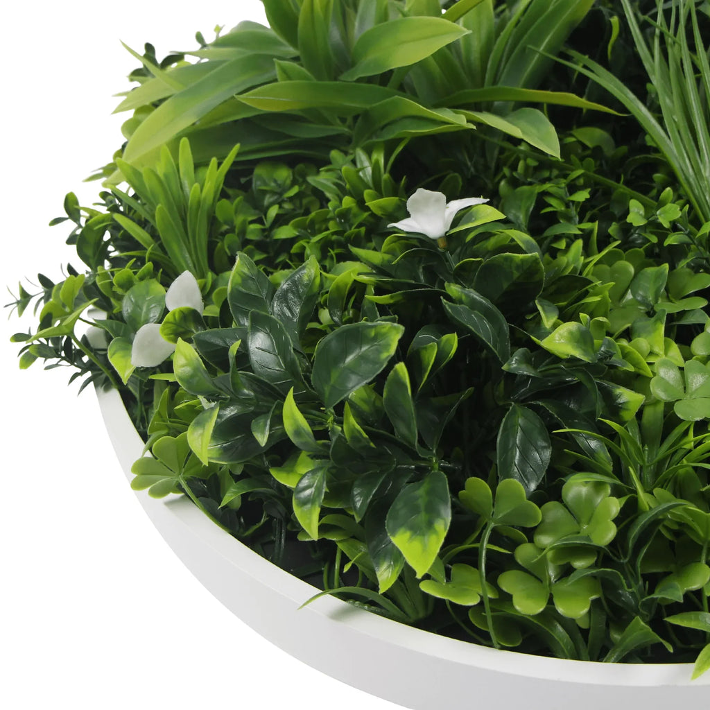 Artificial Green Wall Disc 30in – White Frame – UV Resistant – Commercial Grade