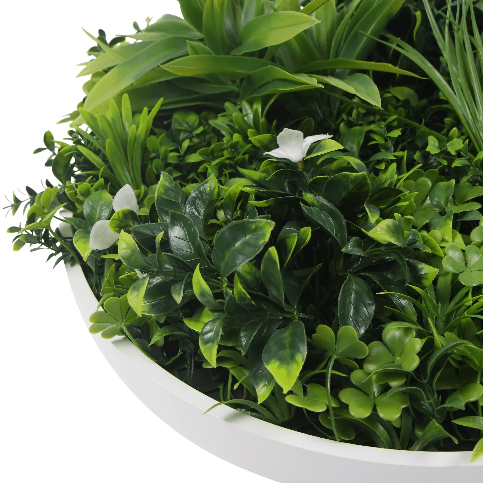 Artificial Green Wall Disc 30in – White Frame – UV Resistant – Commercial Grade