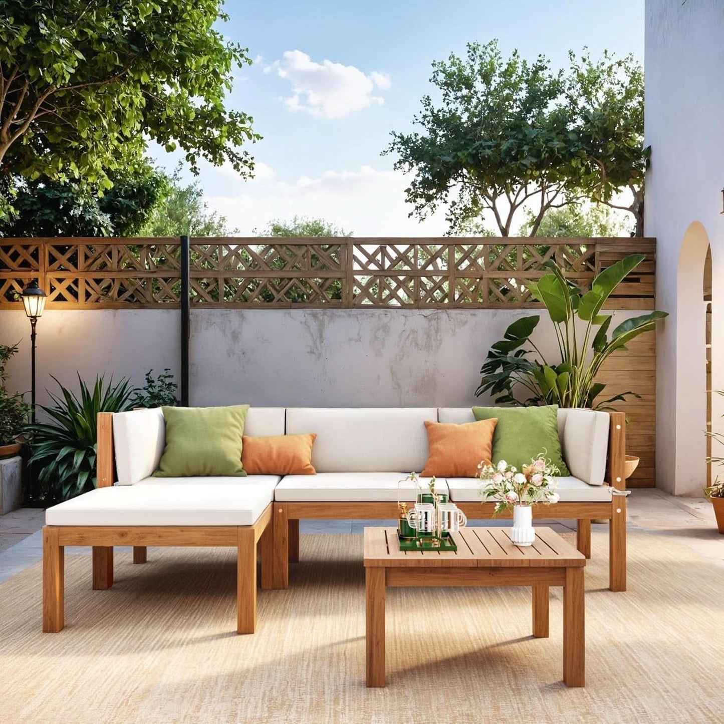 Acacia Wood Outdoor Sectional Sofa with Cushions