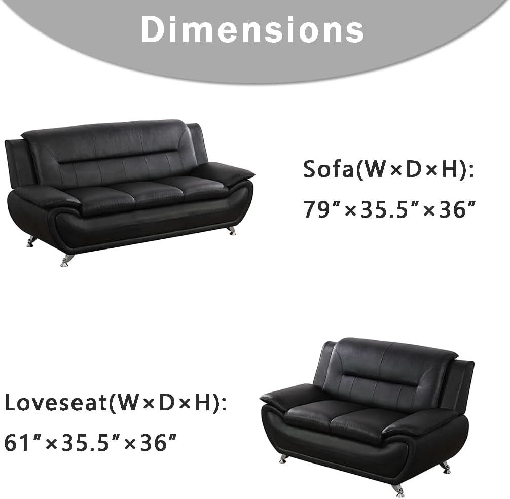 Black Leather Sofa and Loveseat Set for Living Room