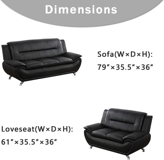Black Leather Sofa and Loveseat Set for Living Room