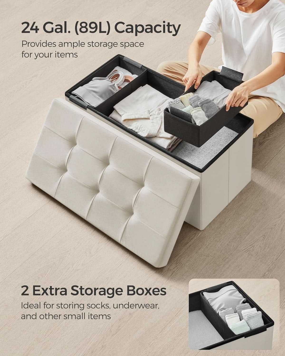 Foldable Storage Ottoman Bench in Cream