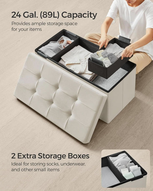 Foldable Storage Ottoman Bench in Cream