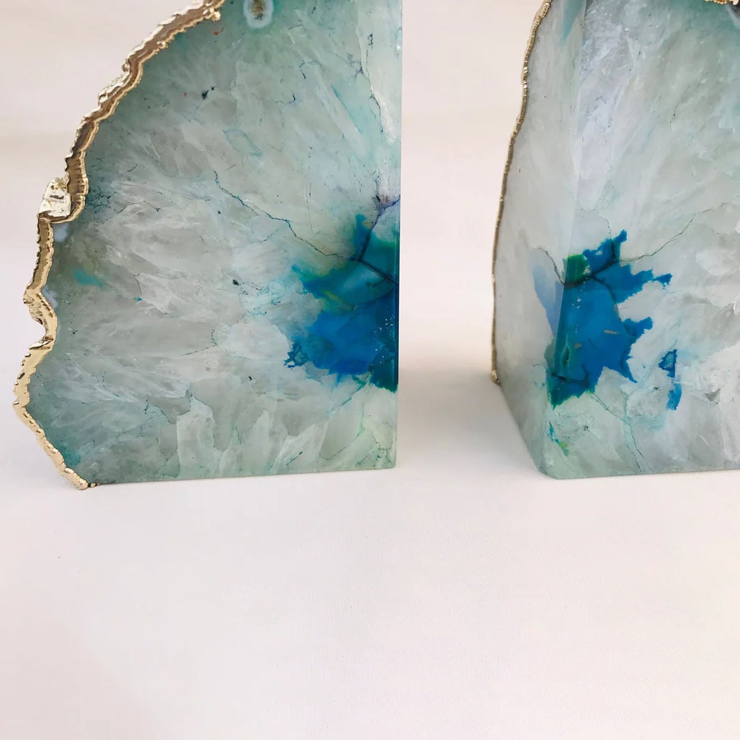 Natural Aqua Agate Bookends with Metallic Edge