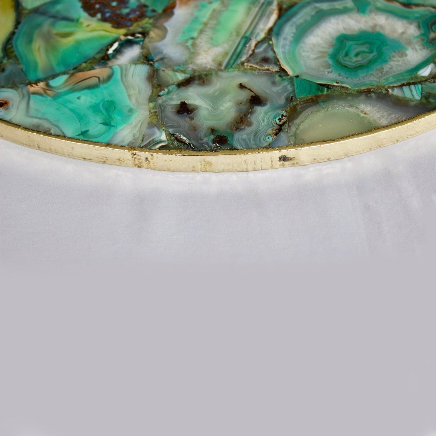 Natural Green Agate Round Serving Tray with Brass Handles