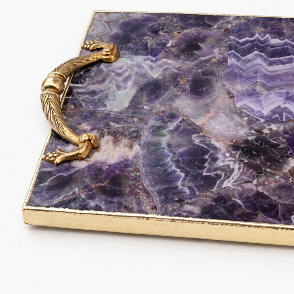 Natural Amethyst Agate Serving Tray with Brass Handles