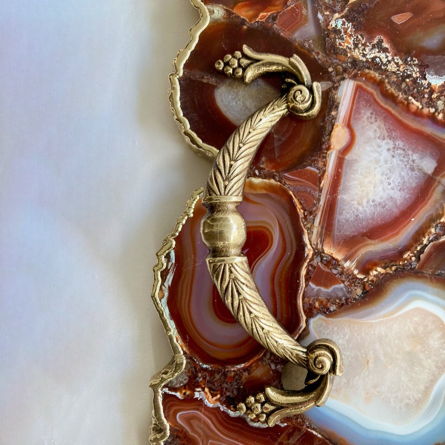 Large Natural Red Agate Serving Tray with Brass Handles