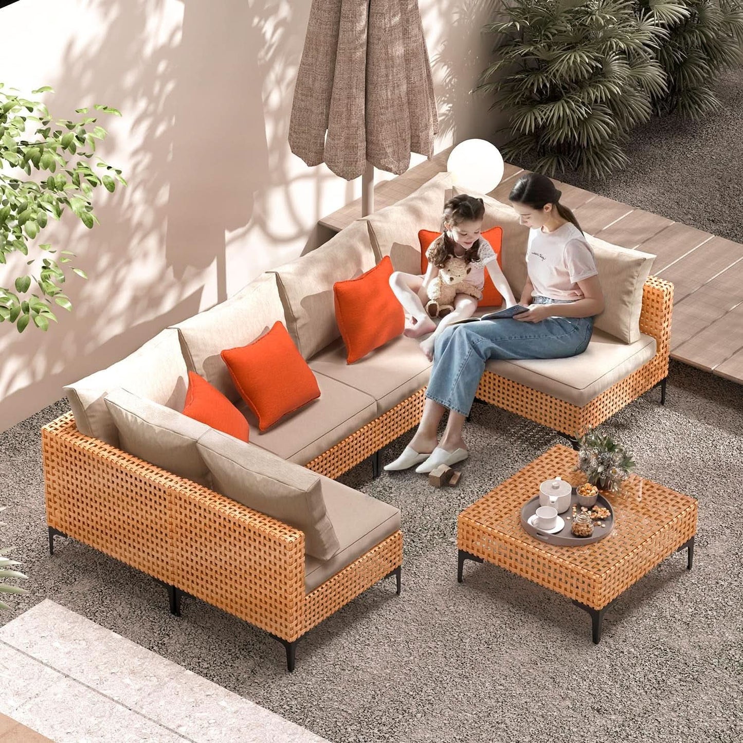 5-Piece Outdoor Patio Sectional Set in Salmon Orange