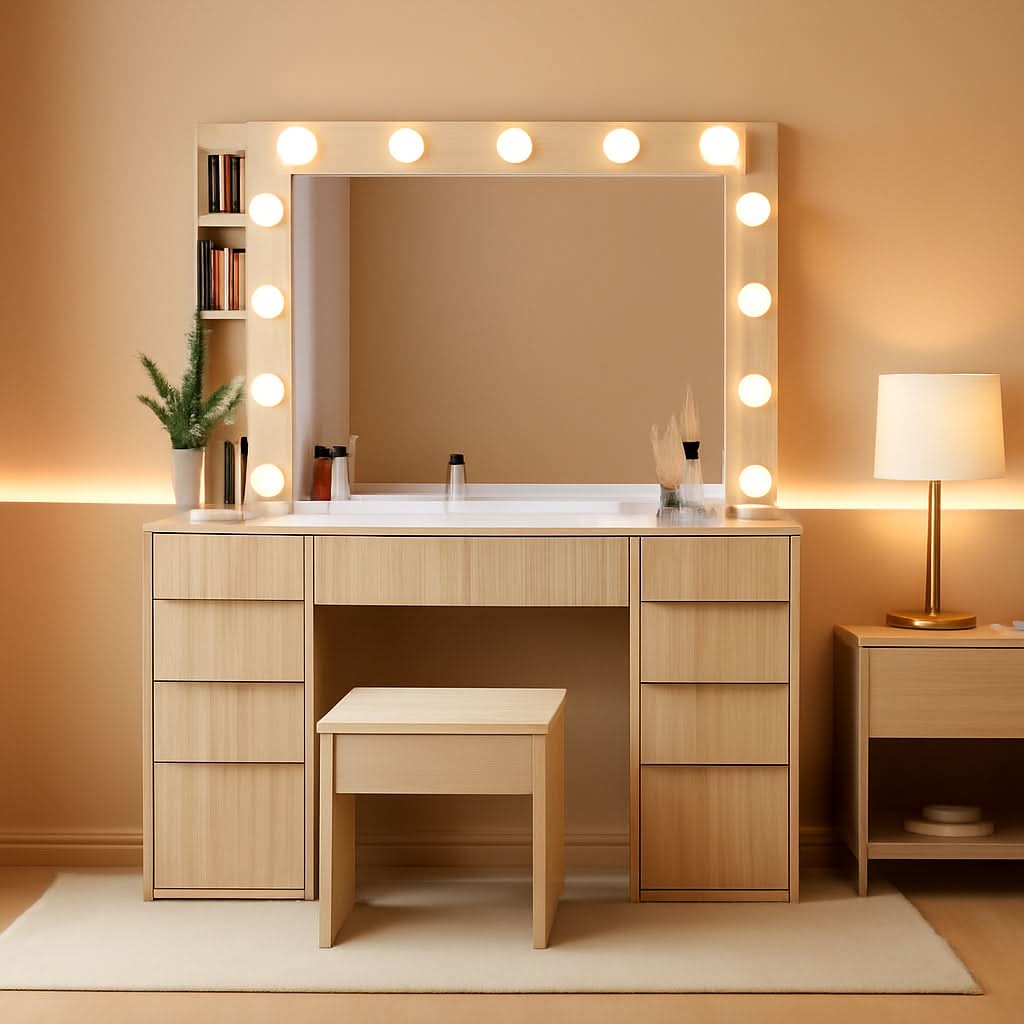 Vanity Desk With Translucent Glass Top Storage Drawers