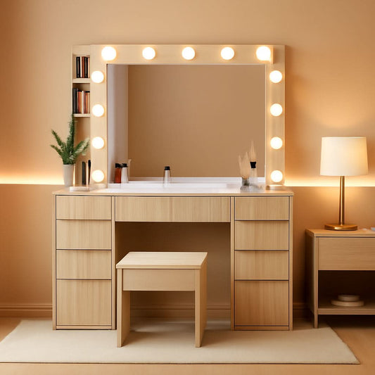 Vanity Desk With Translucent Glass Top Storage Drawers