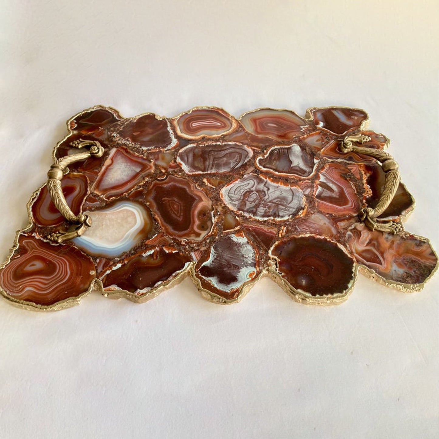 Large Natural Red Agate Serving Tray with Brass Handles