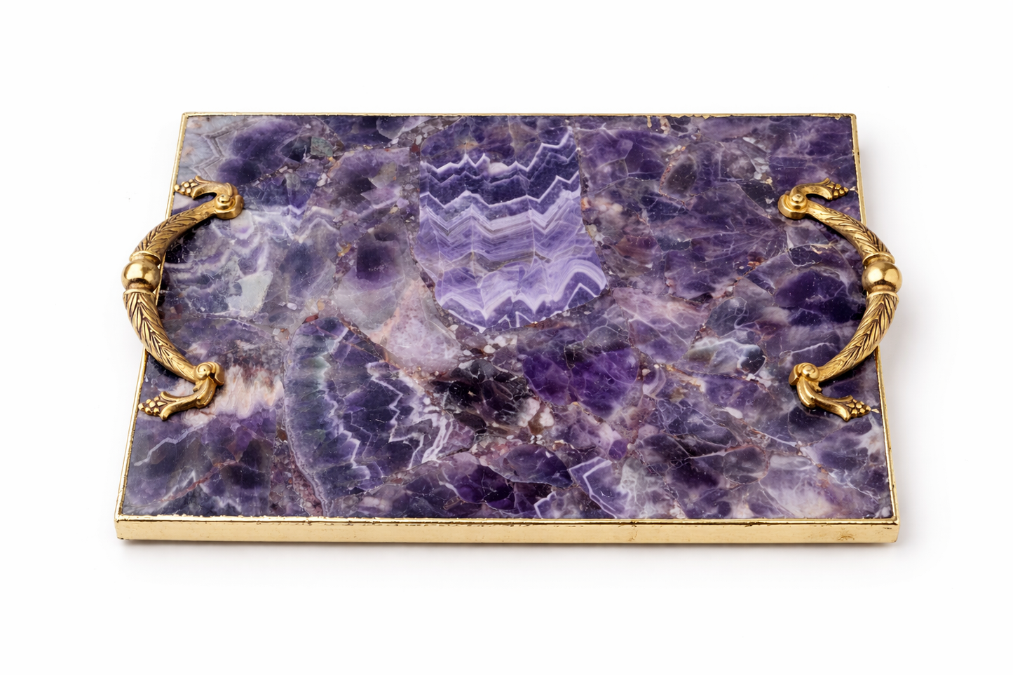 Natural Amethyst Agate Serving Tray with Brass Handles