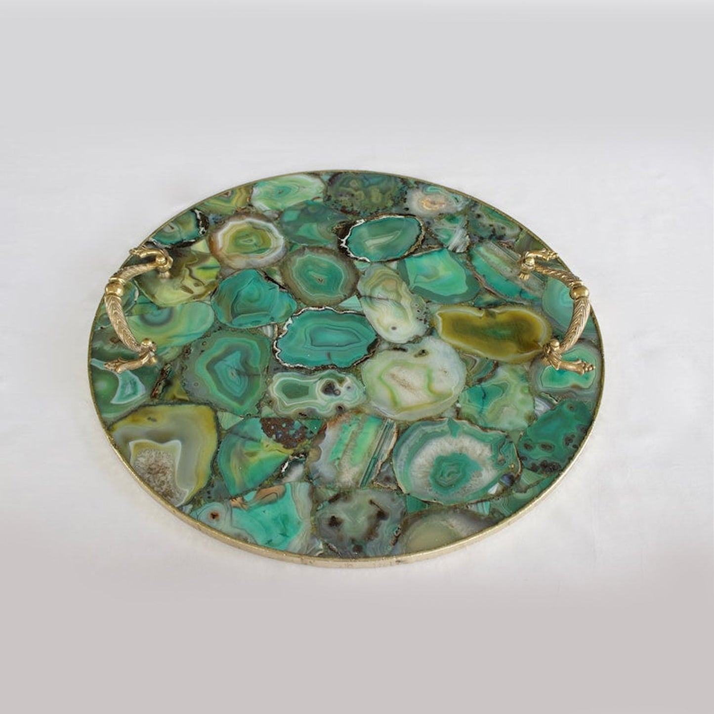 Natural Green Agate Round Serving Tray with Brass Handles