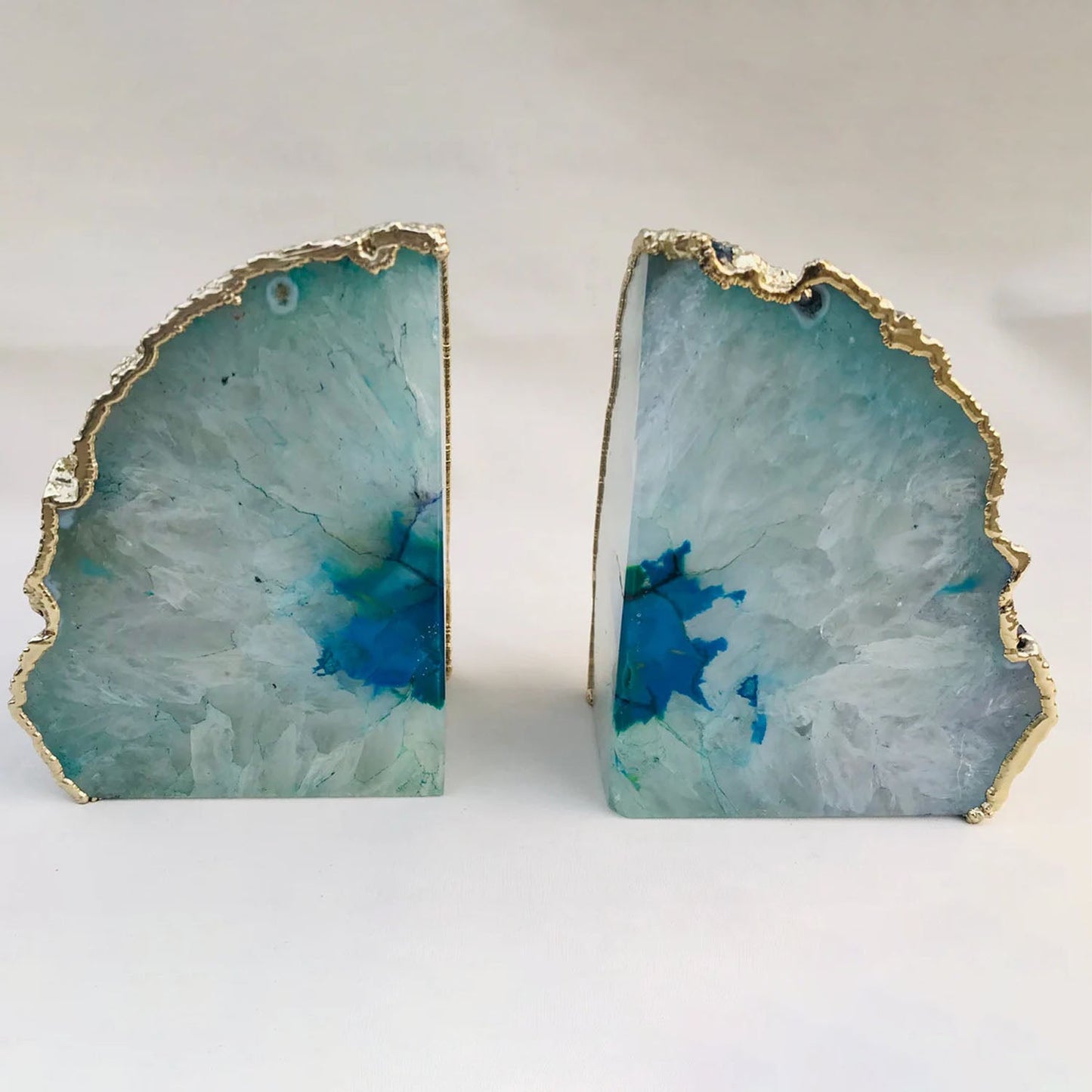 Natural Aqua Agate Bookends with Metallic Edge