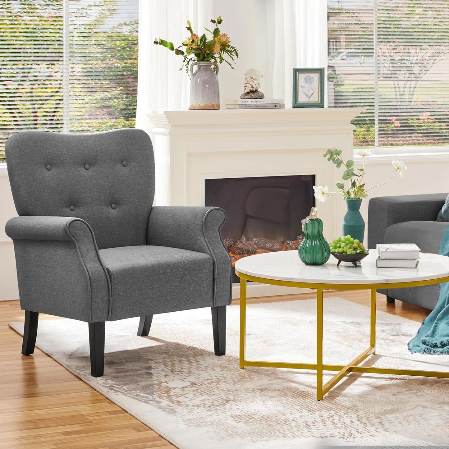 Mid-Century Dark Gray Upholstered Accent Chair with Tufted Back