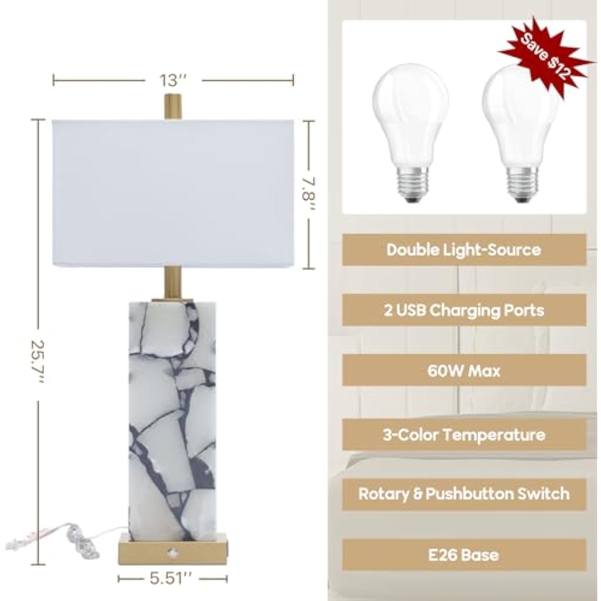 Set of 2 Natural Marble Table Lamps