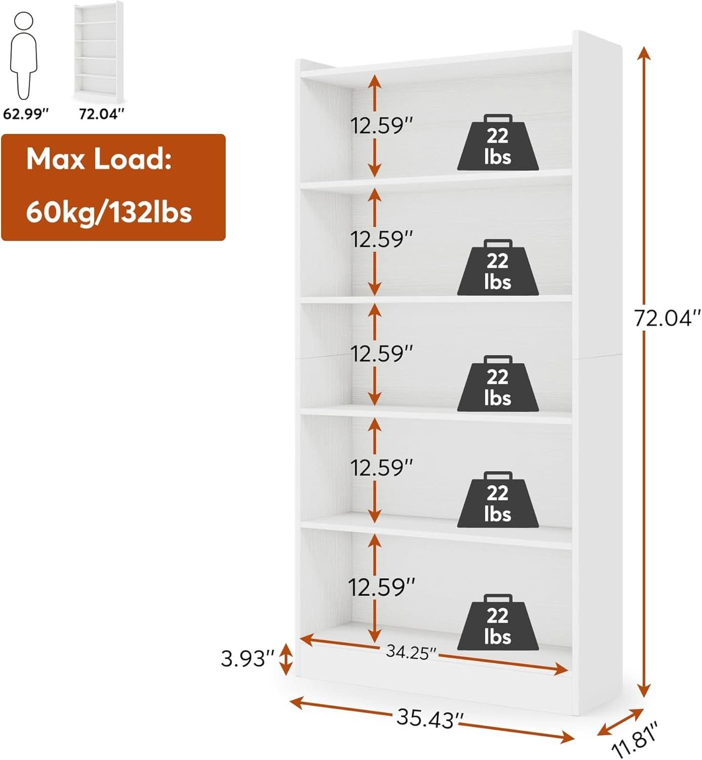 Tall White 6-Tier Contemporary Bookcase