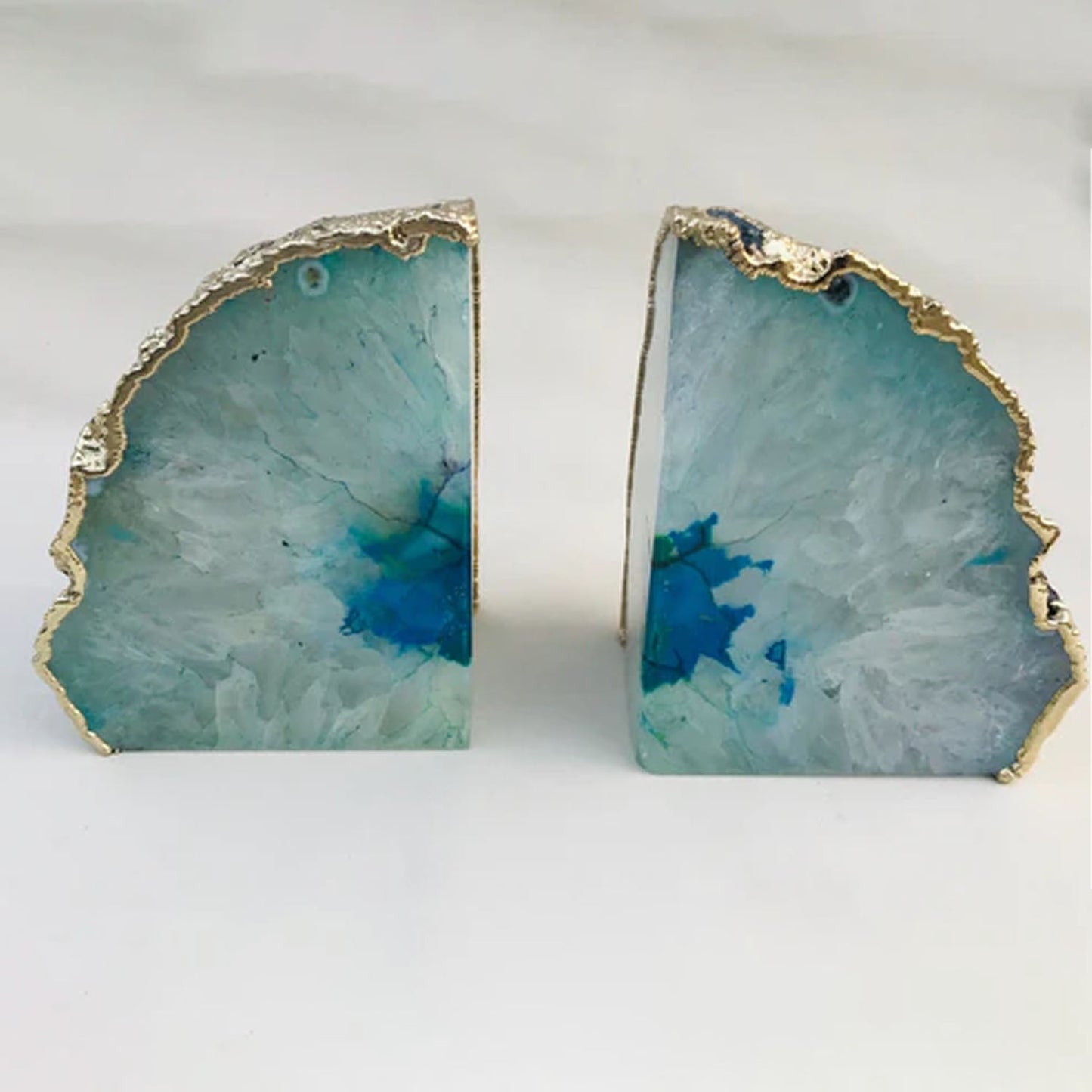 Natural Aqua Agate Bookends with Metallic Edge