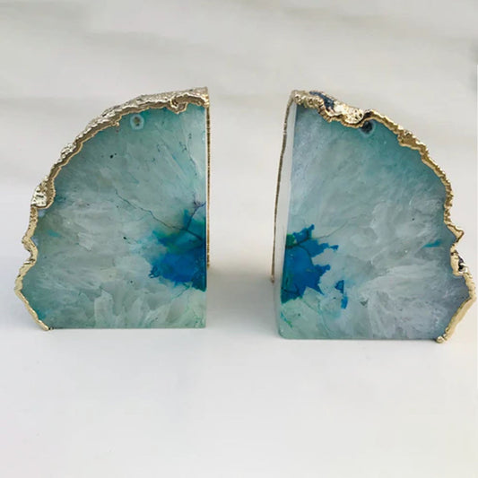 Natural Aqua Agate Bookends with Metallic Edge