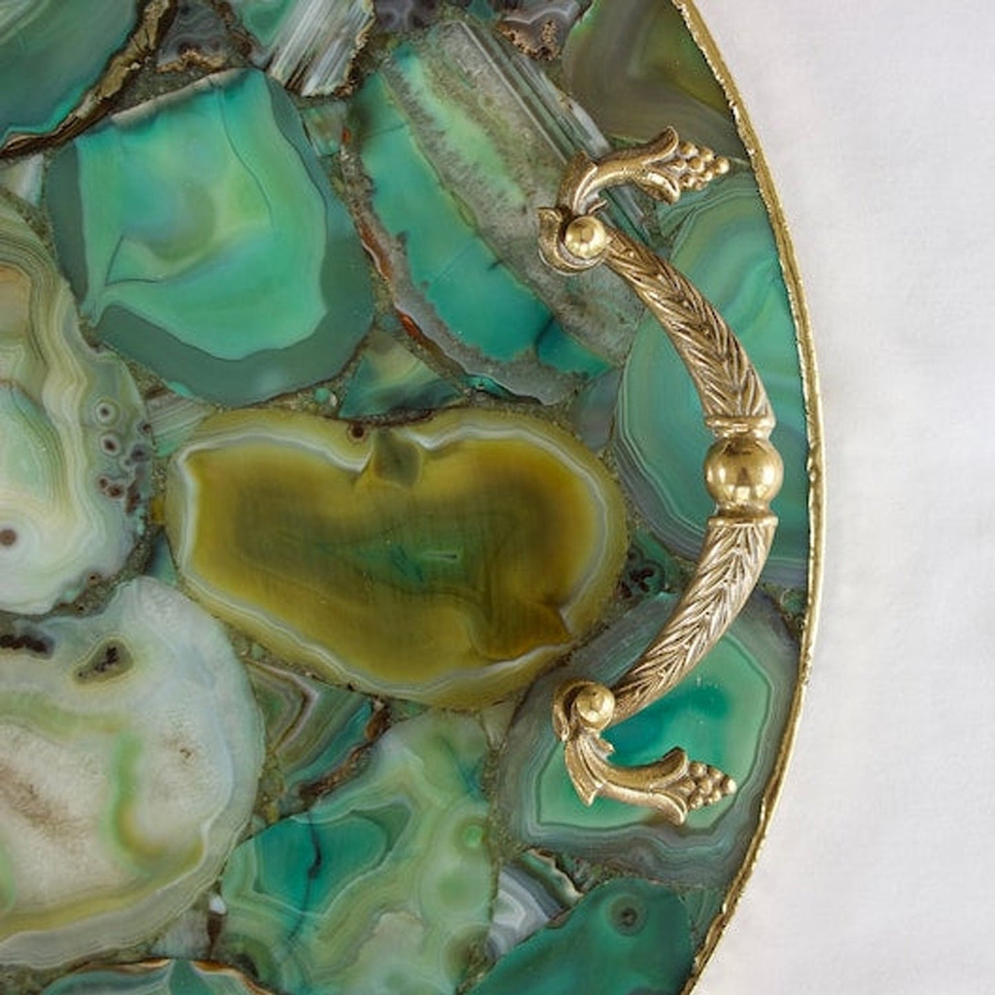 Natural Green Agate Round Serving Tray with Brass Handles