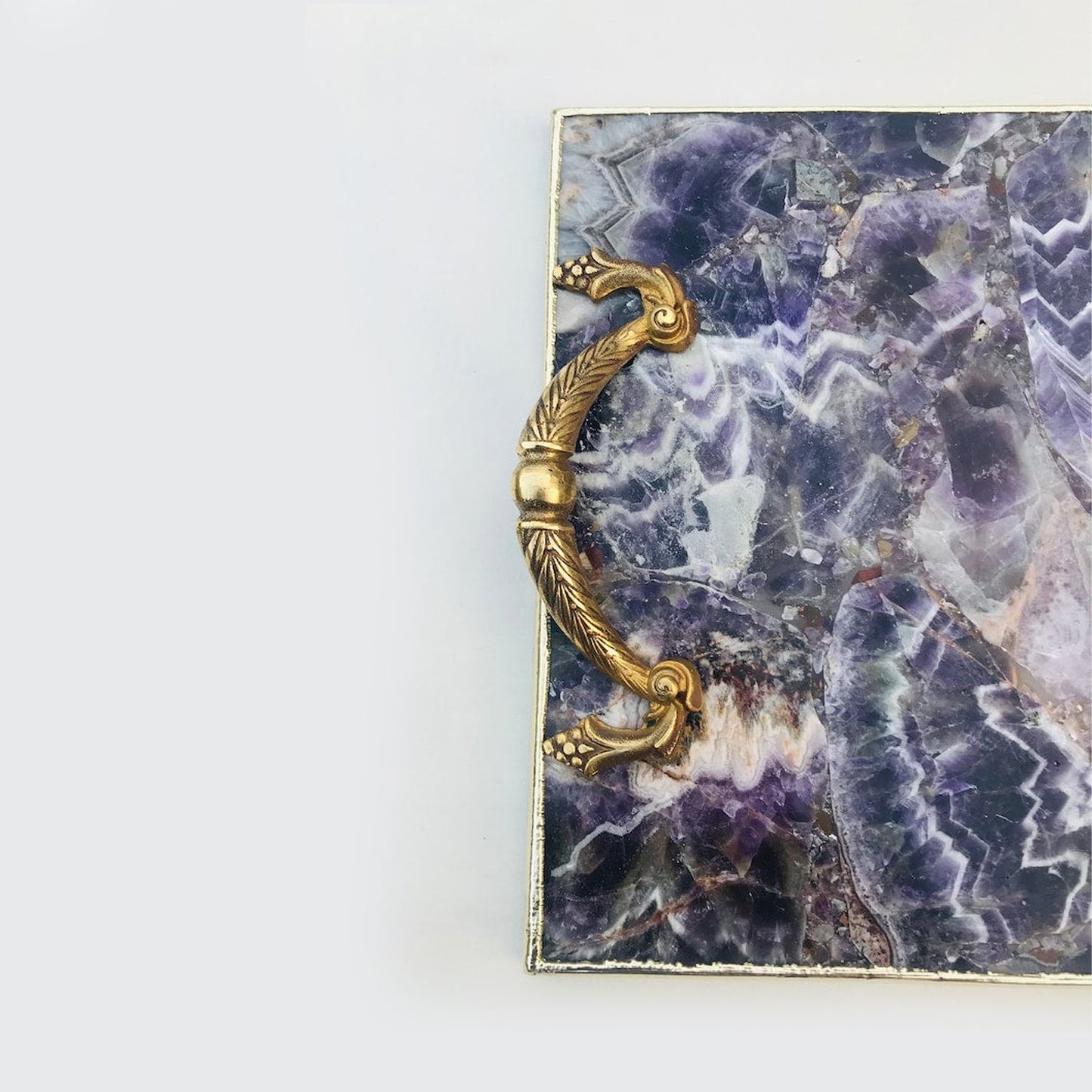 Natural Amethyst Agate Serving Tray with Brass Handles