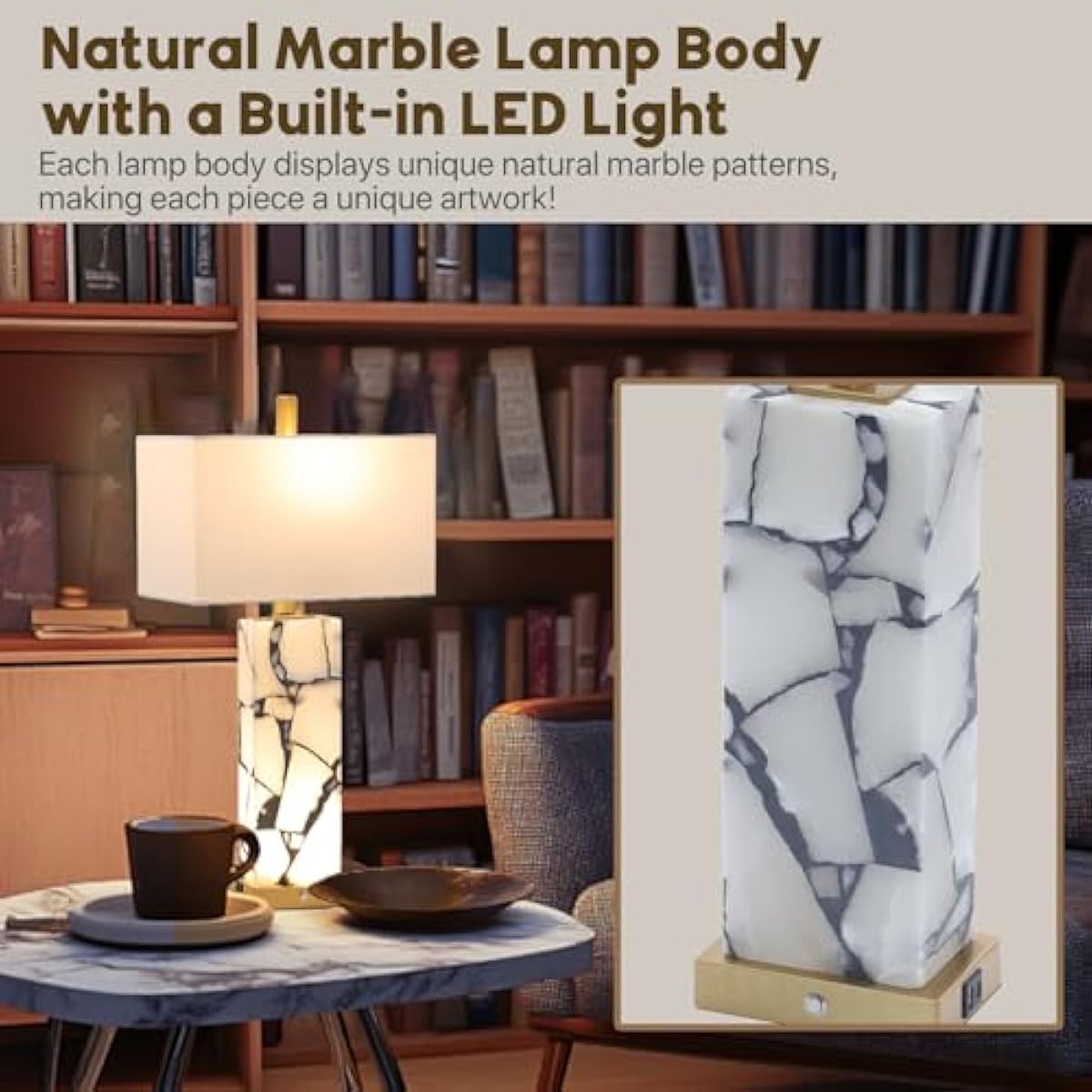 Set of 2 Natural Marble Table Lamps
