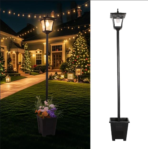 2-In-1 Outdoor Planter with Solar Lamp Post Lights, 59"H MAX