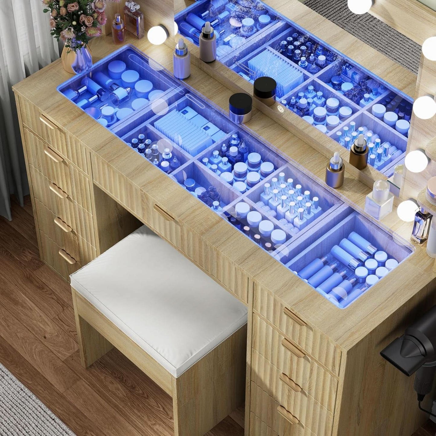 Modern Vanity Desk with Glass Top & Storage Drawers